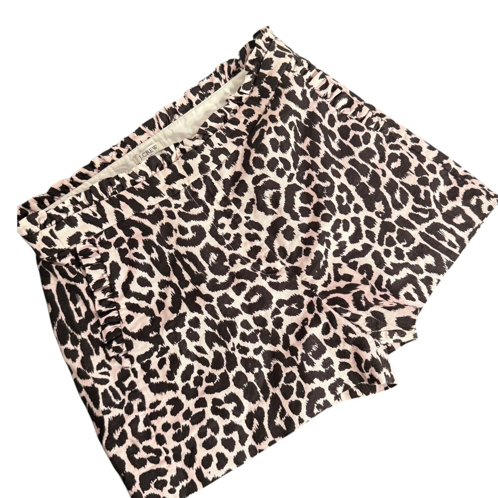 J.Crew Pink Leopard‎ Print Ruffle Shorts Women Size 0 Animal Print Linen Cotton